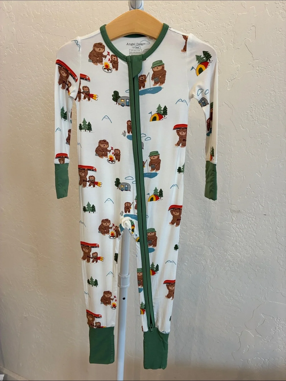 Angel Dear White, Green & Brown Bear Camping Footed One-Piece